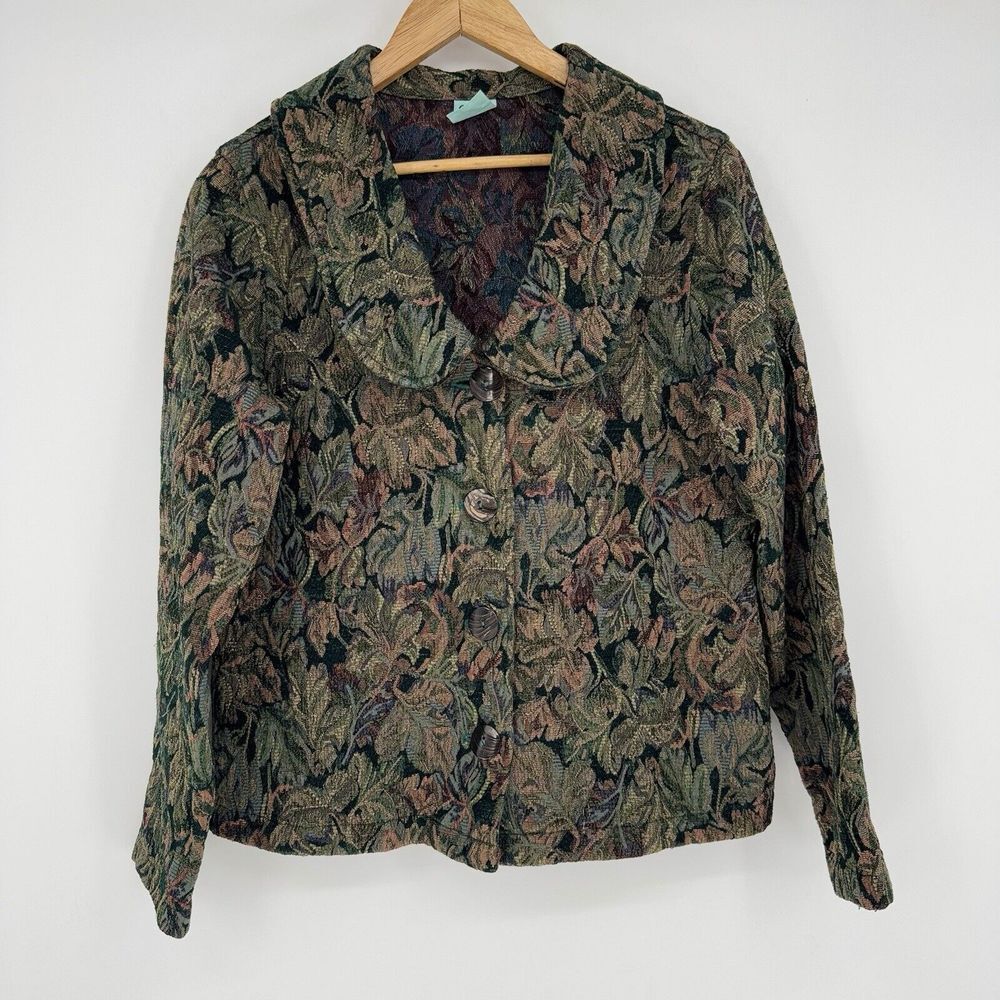 Vtg Tapestry Blazer Jacket L Dark Green Leaf Floral Jacquard Brocade Cottagecore
